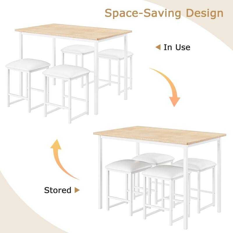 VECELO 5-Piece Dining Table Set with Black PU Leather Stools Space-Saving Rectangle Dining Set for Small Spaces Apartments