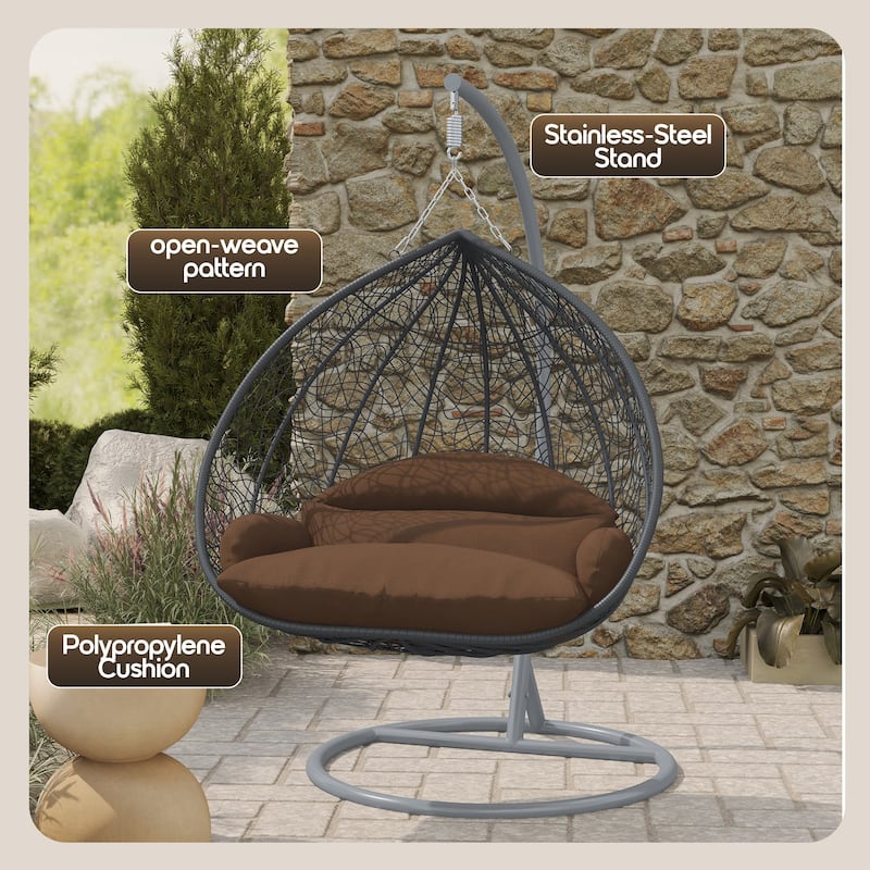 2-Person Egg Swing Chair in Grey Stainless Steel 2-Seater Porch Swing for Outdoor and Indoor - 77.95" Height
