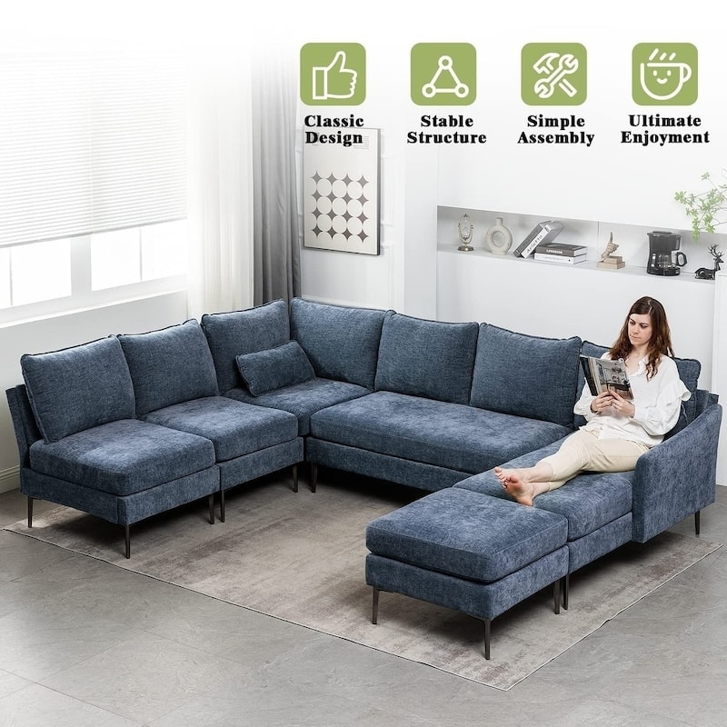 Modern Chenille Sectional Sofa with Reversible Chaise and Ottoman, Perfect for Living Rooms with Sleeper Function