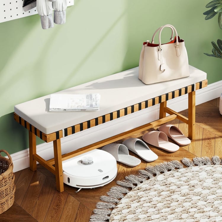 Natural-Off White Acacia Wood Outdoor Bench with Cushion 48 inches Seat - 48" x 14" x 18"