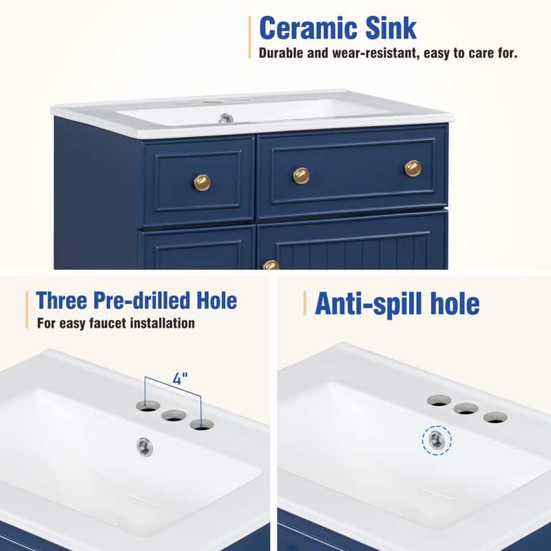 Bathroom Vanity Set: 24-Inch Cabinet With Ceramic Sink, Two Drawers And A Single Door - 24"W*18.3"D*34.3"H