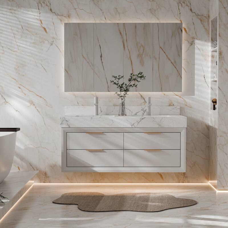 Modland 48" Floating Double Sink Bathroom Vanity with White Stone Countertop, Soft-Close Drawers, LED Lighting