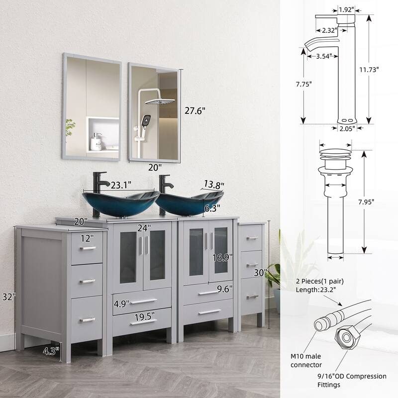 72" Bathroom Vanity Set Vessel Sink Cabinet Mirror Combo