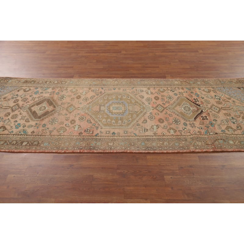 Geometric Hamedan Persian Vintage Runner Rug Handmade Wool Carpet - 3'5" x 9'3"