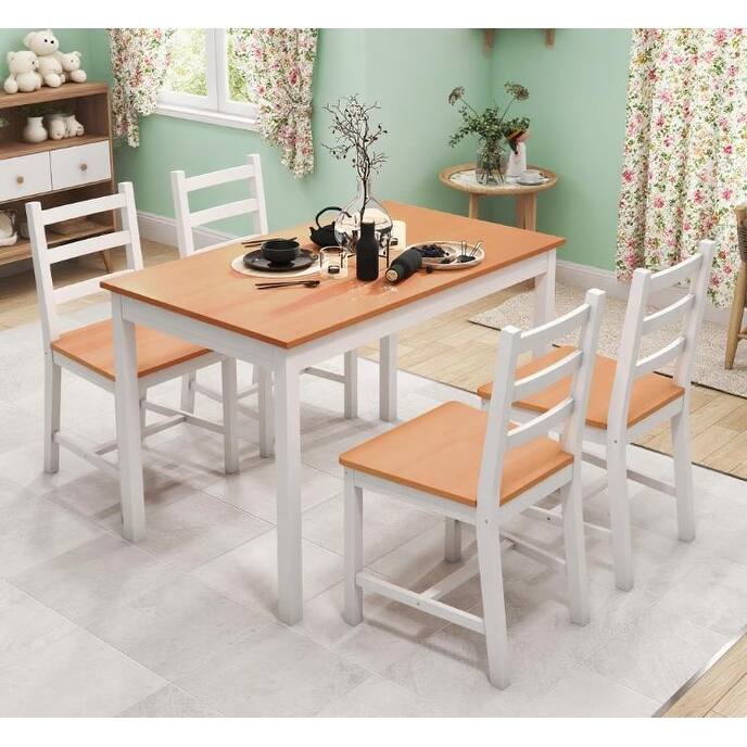 5-Piece Rustic Dining Table Set, Wood Table with 4 High-Back Slatted Chairs, Kitchen Table Set for Dining Room