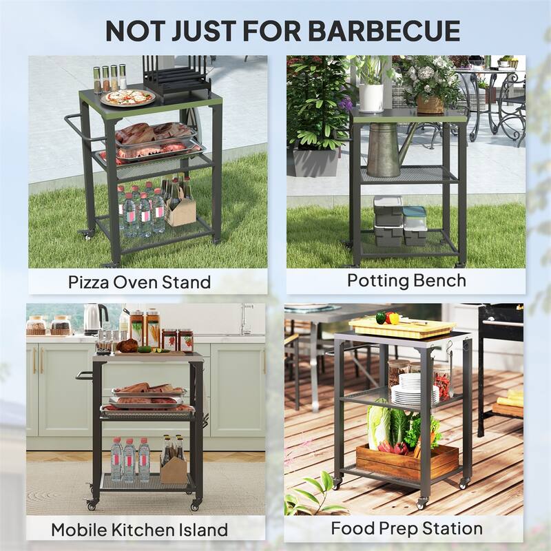 Stainless Steel Grill Cart with Storage Shelves and Tool Hooks Mobile Serving Table for Patio - 25.8" W x 16.1" D x 31.1" H