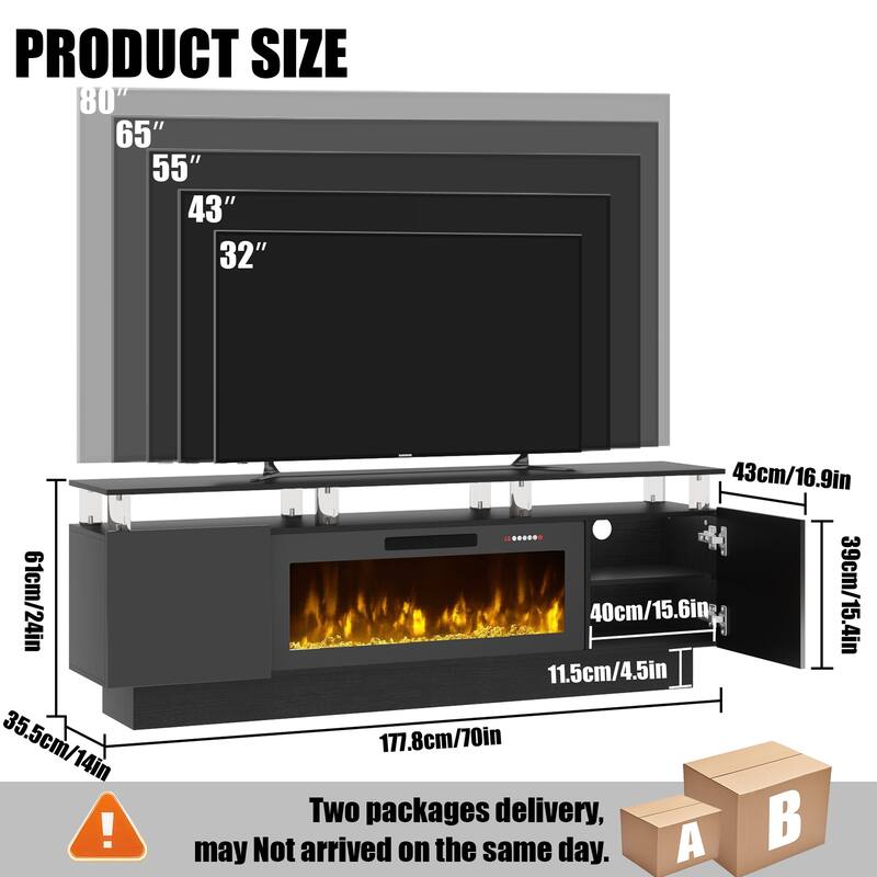 BOSSIN 70 Fireplace TV Stand with 36 Electric Fireplace， LED Light Entertainment Center Modern 2-Tier TV Console Stand