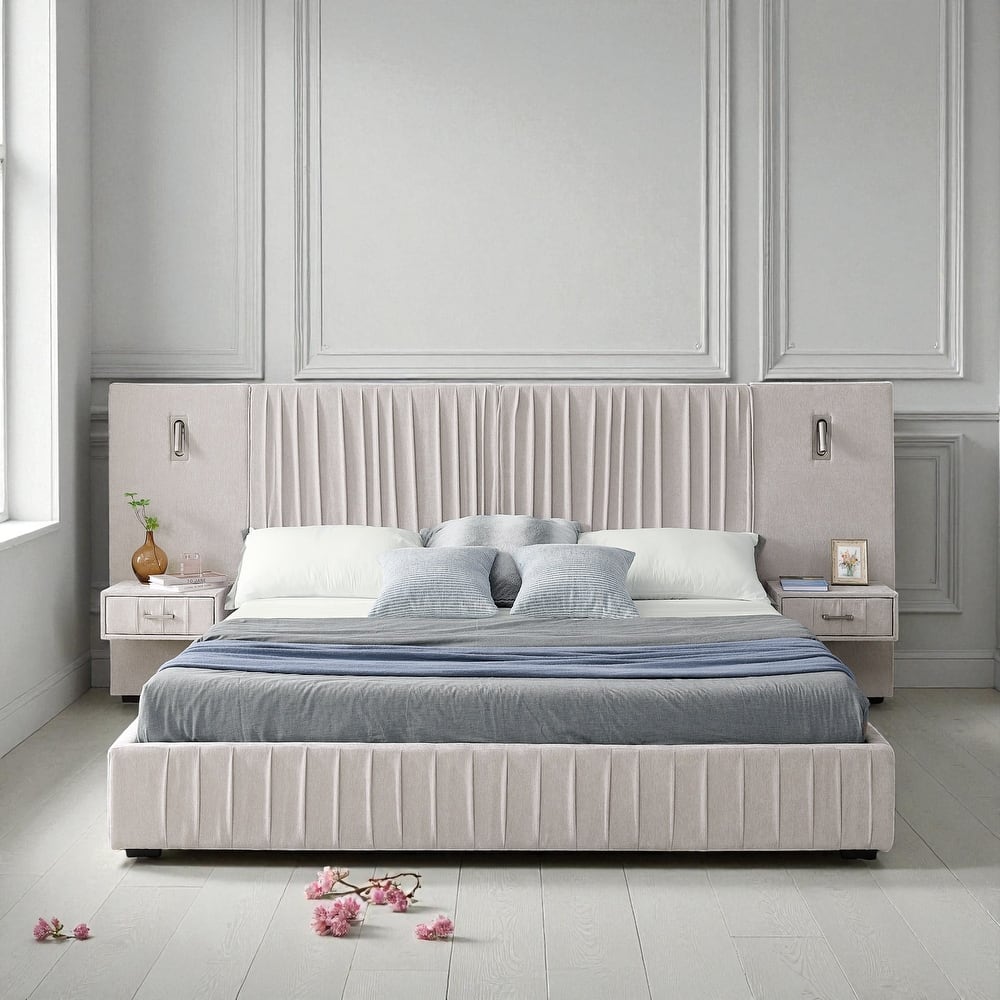 Queen Upholstered Platform Bed with Pleated Chenille Headboard, Built-in Bedside Table & Adjustable Lamps, No Box Spring