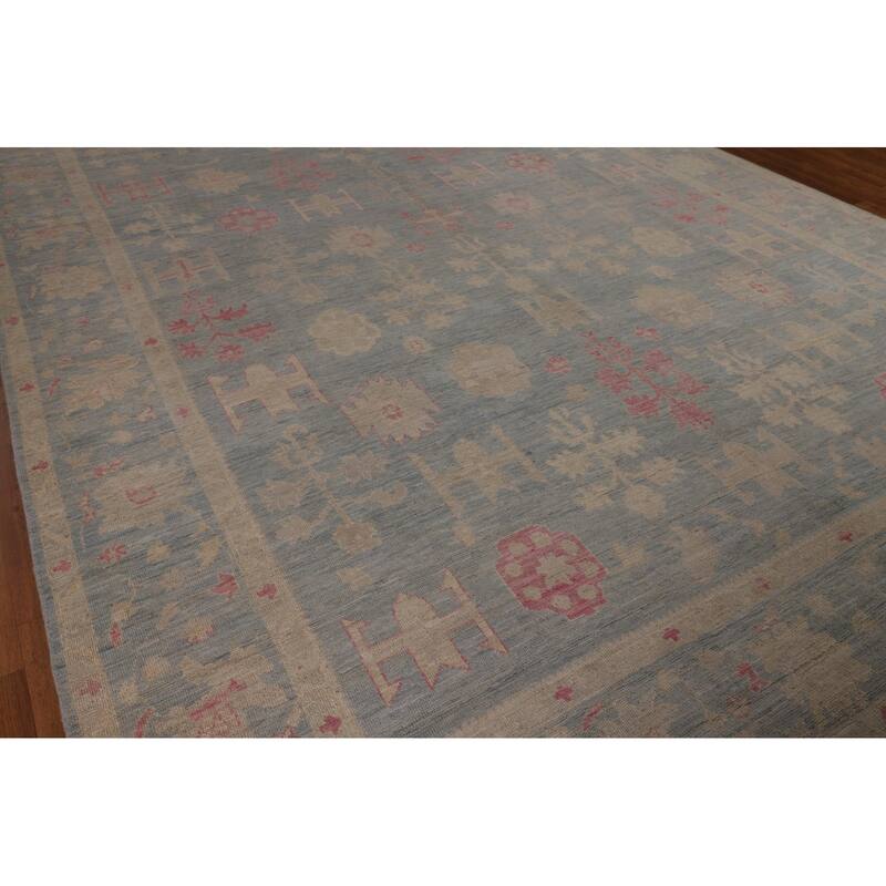 Blue Oushak Vegetable Dye Turkish Large Rug Hand-Knotted Wool Carpet - 9'9"x 13'11"