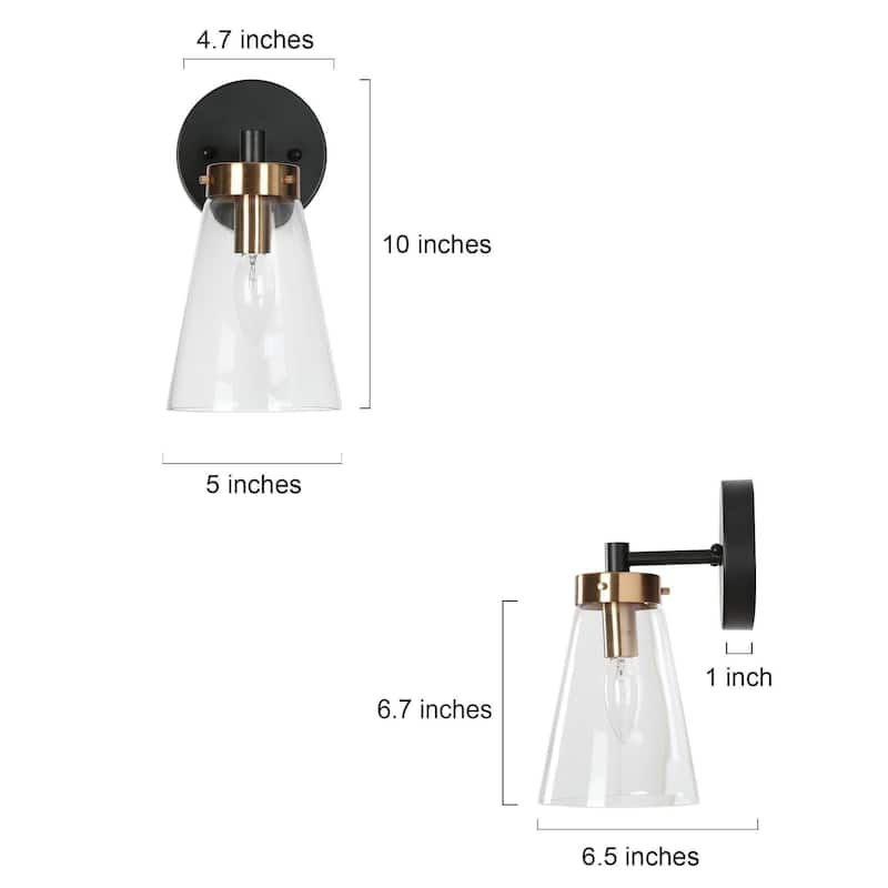 Glint 1-Light Black Gold Armed Wall Sconce Clear Glass Bathroom Vanity Light - 5'' L x 6.5'' W x 10'' H
