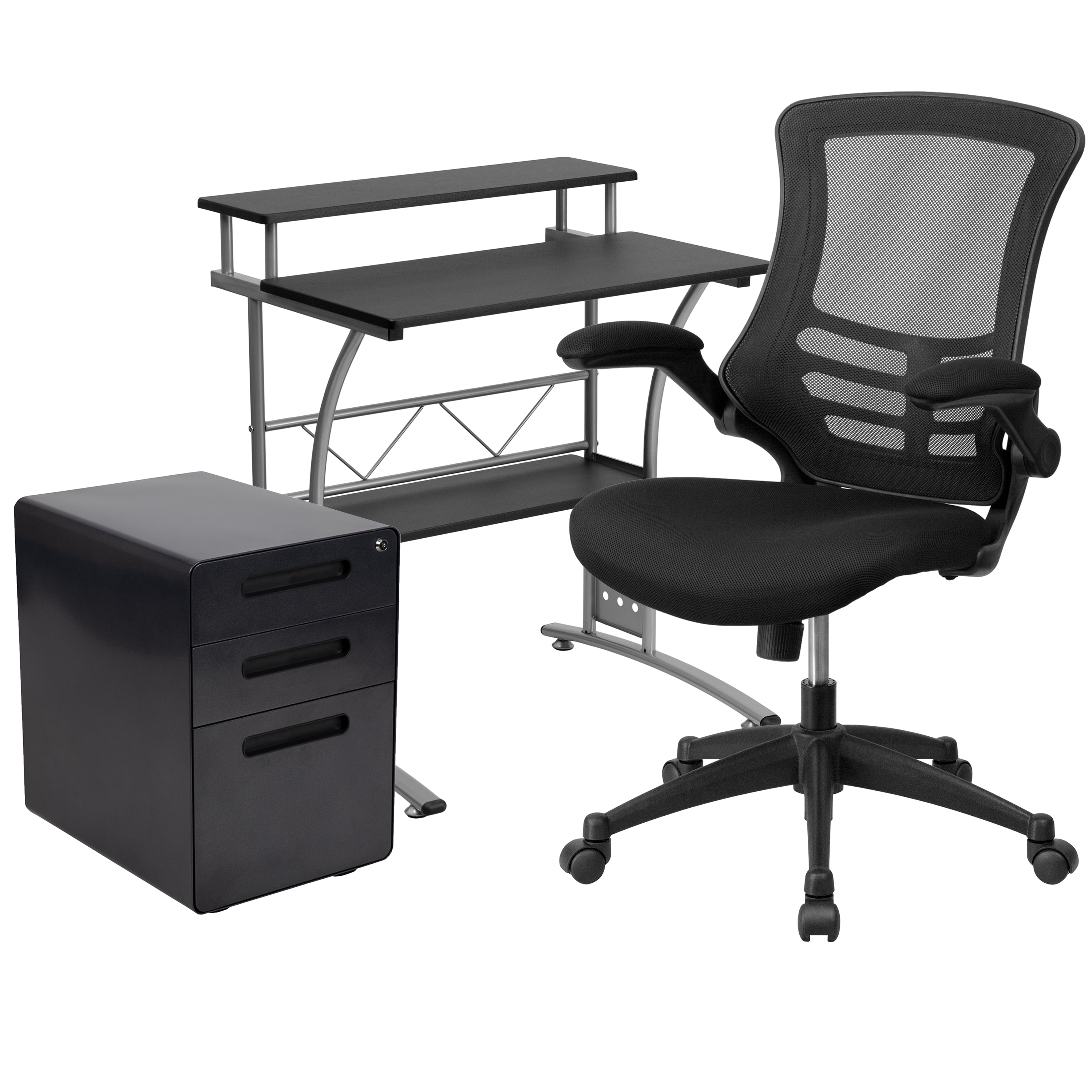 3PC Office Set-Computer Desk, Ergonomic Mesh Office Chair, Filing Cabinet