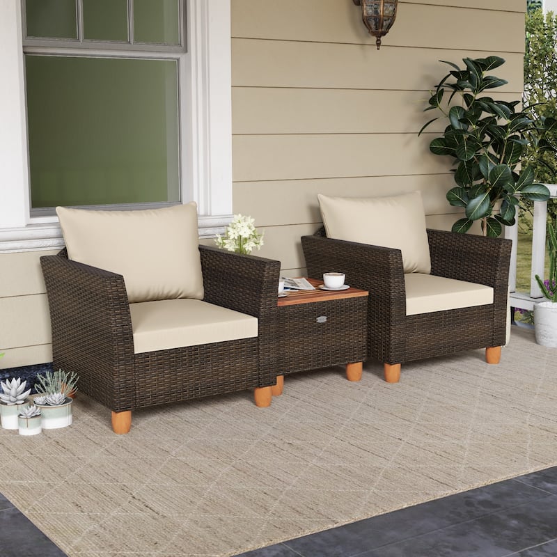 Gymax 3 PCS Patio PE Wicker Furniture Set Outdoor Conversation Bistro - Beige