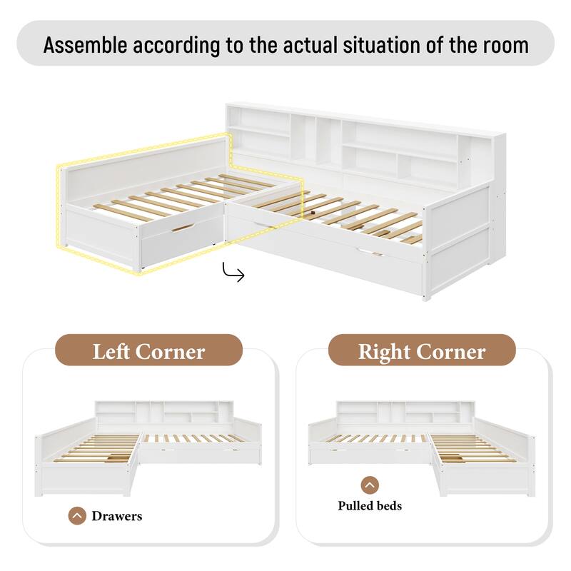 3-in-1 Bookcases Daybed L Shape Corner Sofa Bed Frame Wood Captains Bed with Underbed Trundle and Storage Drawer, Space-Saving