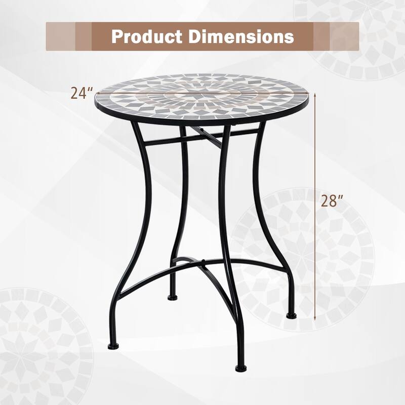 24" Mosaic Pattern Round Patio Bistro Table with Metal Frame and Concrete Top for Balcony or Yard