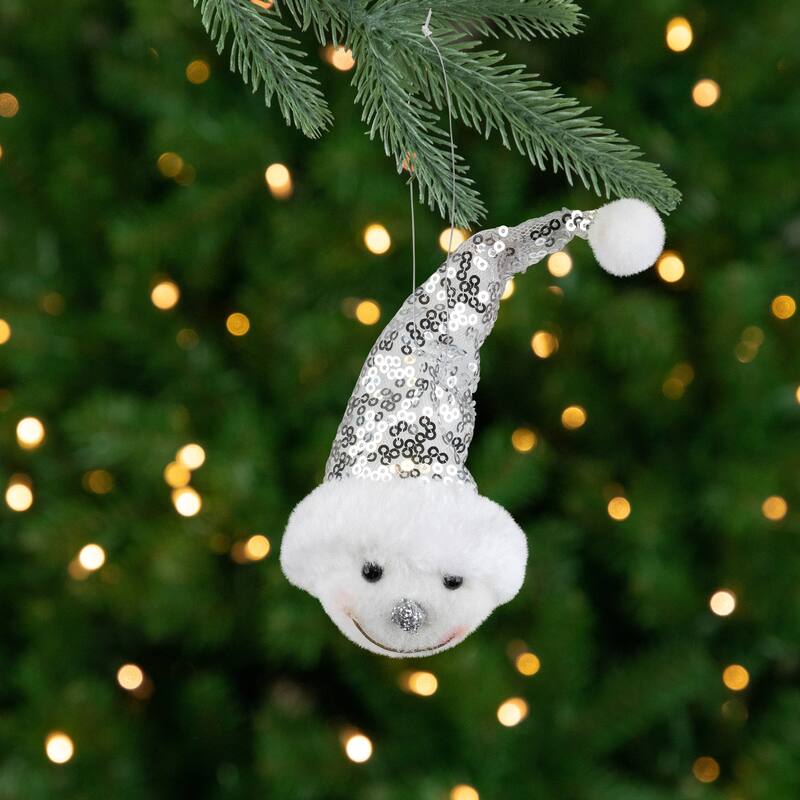 6" Smiling Snowman Head Wearing a Silver Sequin Santa Hat Ornament