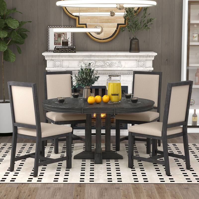Farmhouse 5-Piece Wooden Dining Table Set with Extendable Round Table & 4 Chairs - Black