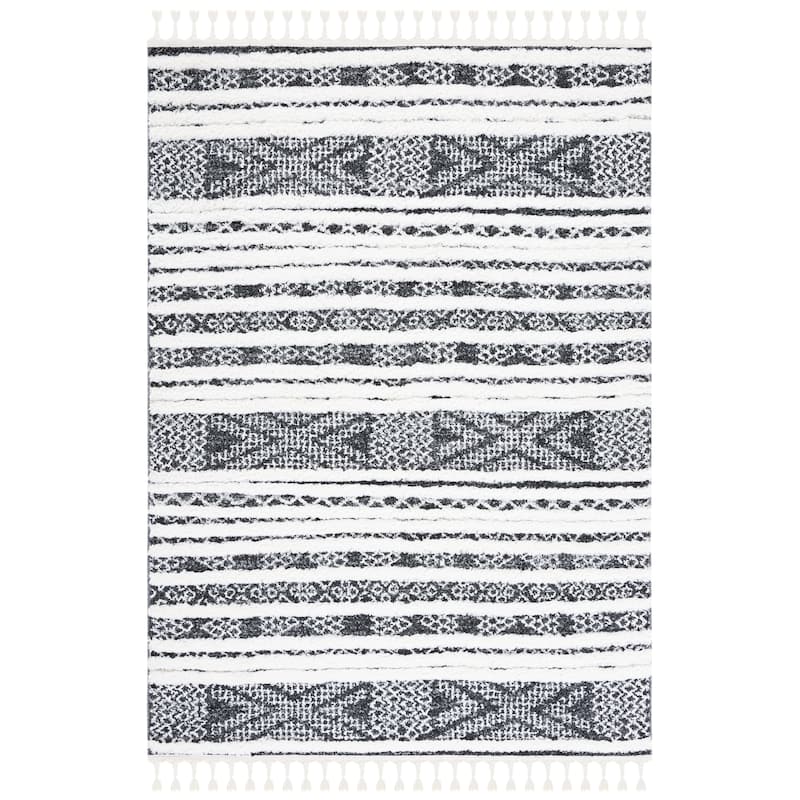 SAFAVIEH Moroccan Tassel Shag Garmen 2-inch Thick Rug - 6'7" Square - Black/Ivory