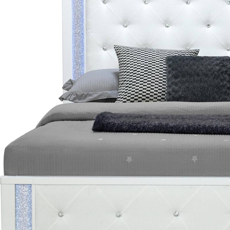 HomeRoots White Faux Crystal Bling Wood And Tufted Cotton Lighted King Bed Frame