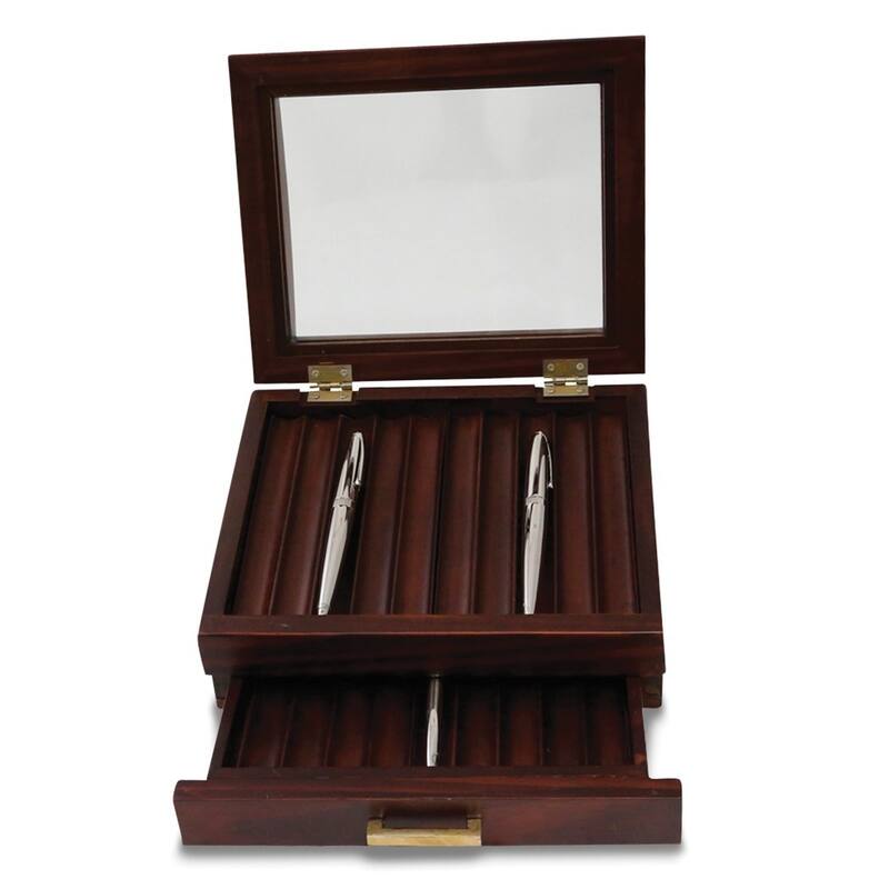 Curata Solid Walnut Wood Glass Lid 1-Drawer 19-Pen Storage Case