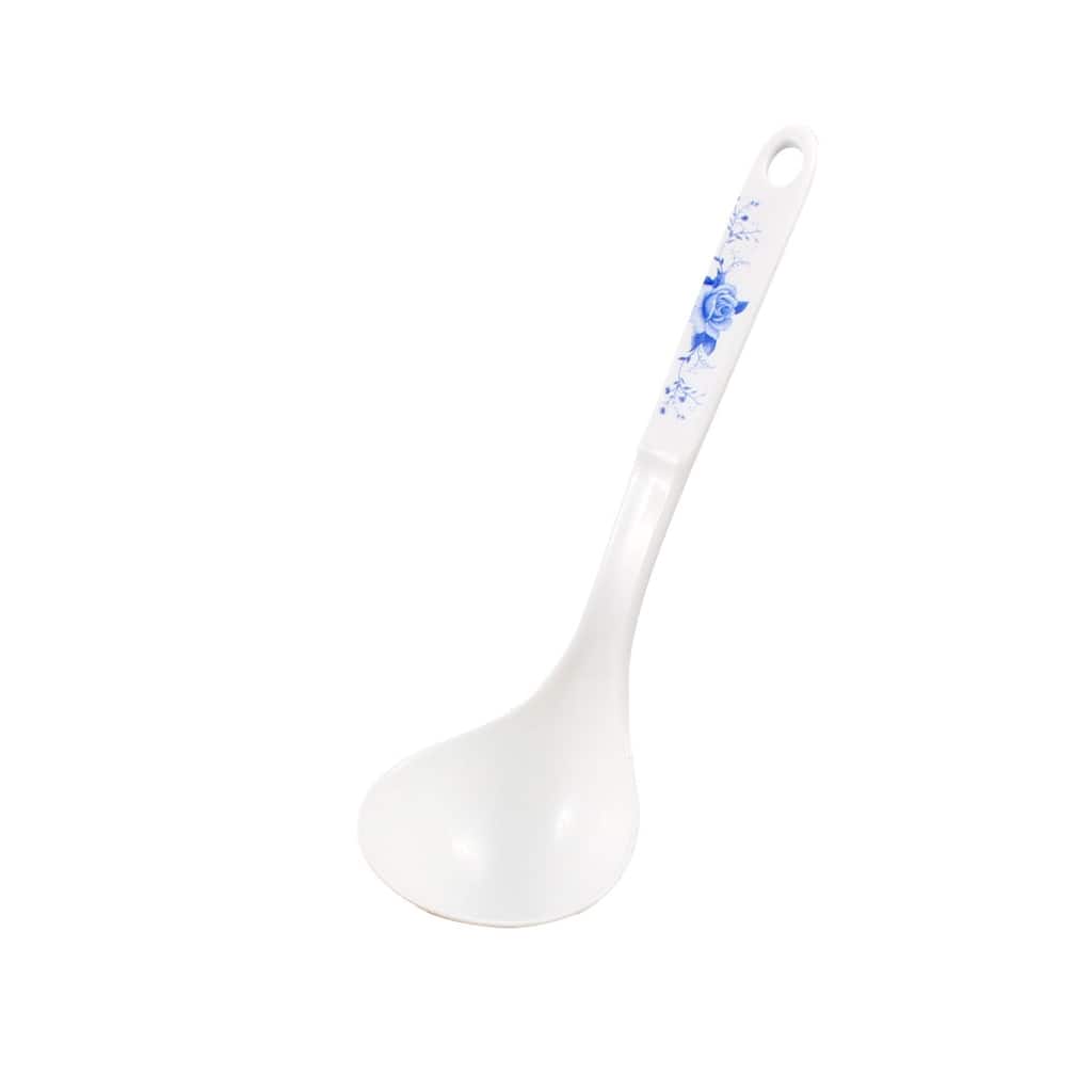 Plastic Home Flower Print Soup Rice Ladle Serving Spoon Skimmer White - White,Blue - 8.3" x 2.56" x 1.4"(L*W*Depth)