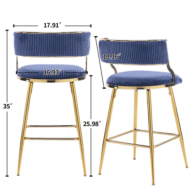Set of 2 Modern Blue Corduroy Bar Stool with Curved Backrest and Gold Steel Frame for Indoor Use