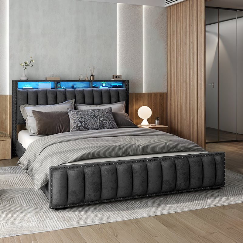 Moasis Full/Queen/King Velvet Upholstered Platform Bed Bedframe with Charging Station and 4 Storage Drawers