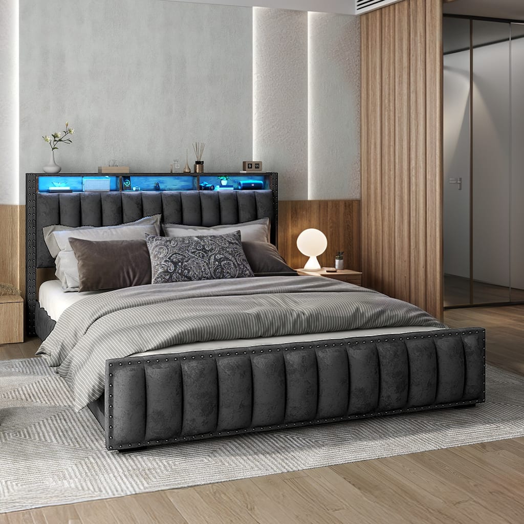 Moasis Full/Queen/King Velvet Upholstered Platform Bed Bedframe with Charging Station and 4 Storage Drawers