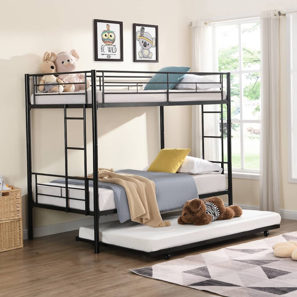 Space-Saving Twin Over Twin Metal Bunk Bed with Trundle, Black - Easy Assembly, No Box Spring Needed