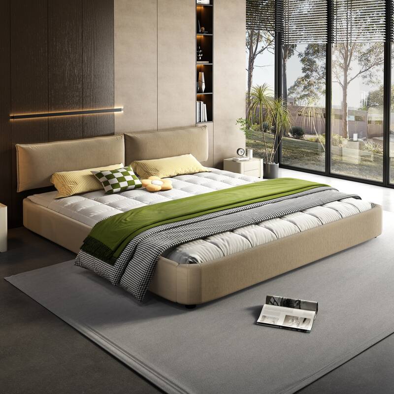 King Size Cloud Bed Frame with Oversized Padded Movable Headboard, Chenille Upholstered Bed with Round Corner