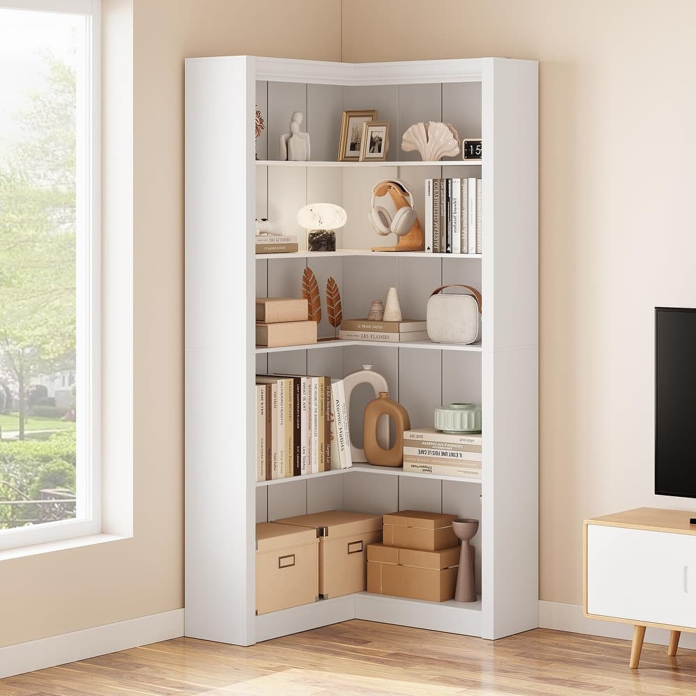 71.8" Tall Corner Bookshelf, 5-Tier L-Shaped Corner Bookcase, Modern Industrial Wood Display Storage Shelves for Living Room