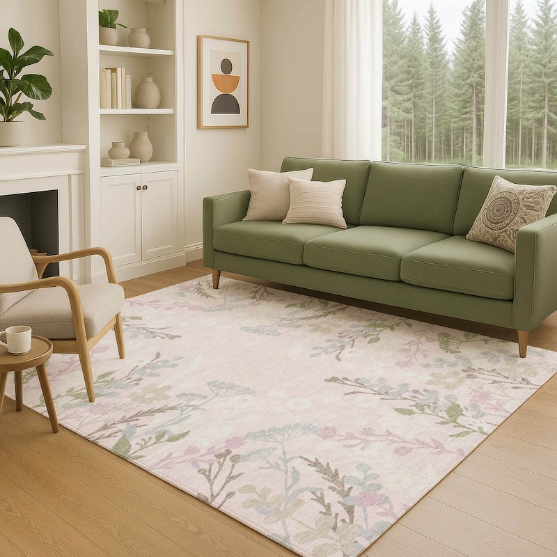 Machine Washable Indoor/ Outdoor Floral Border Chantille Rug