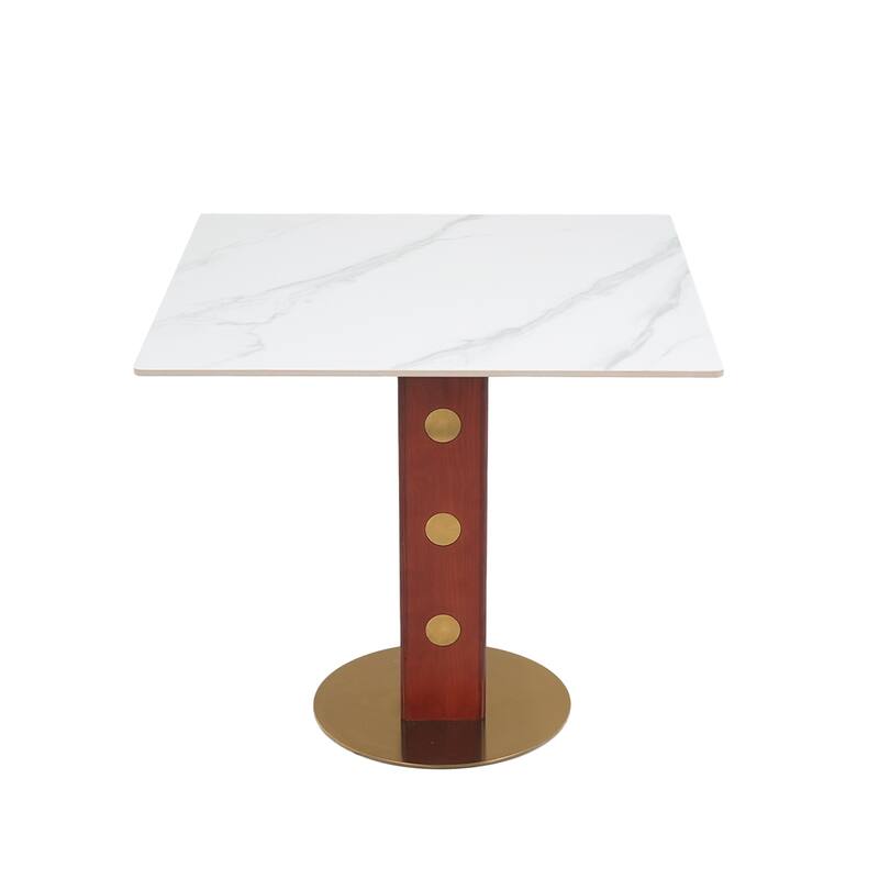 33" Retro Square Glass & Sintered Stone Tabletop Dining Table with Solid Wood Pedestal