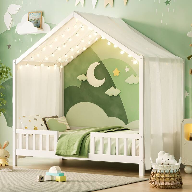 House-Shaped Twin Bed with Canopy and Railings for Kids, Montessori Floor Bed, White - White