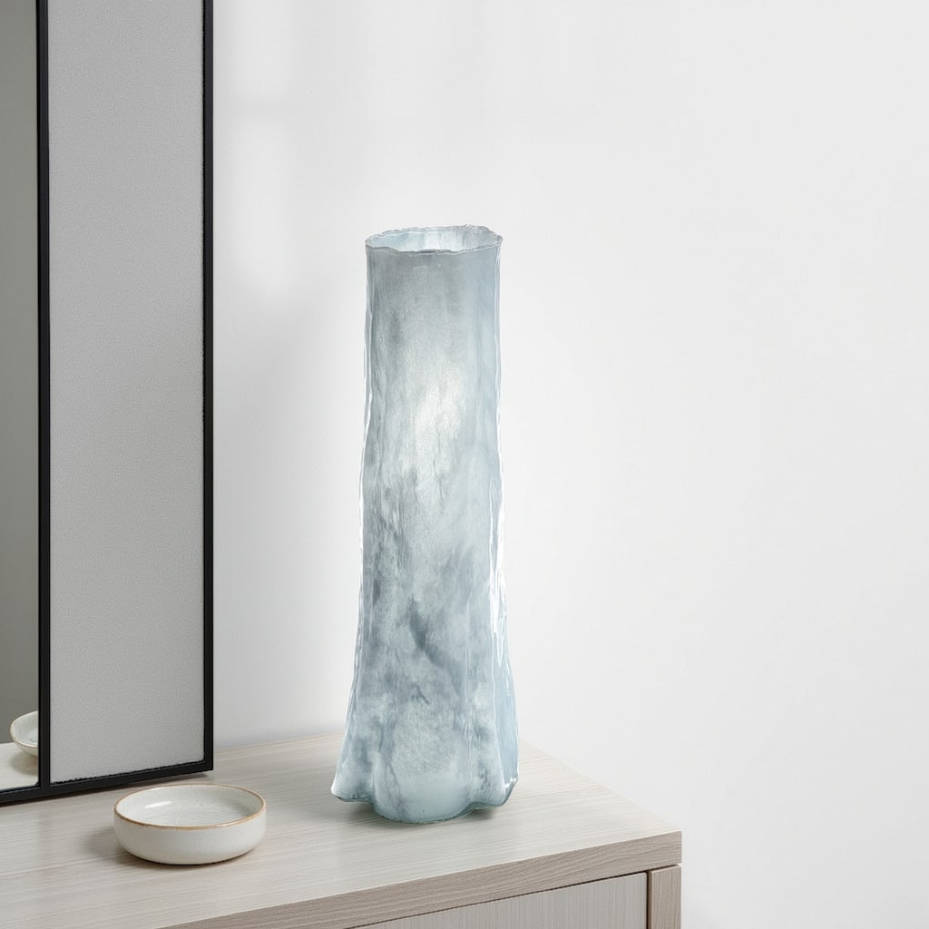 Quia Tall Decorative Vase, Rough Body, Pale Blue Blown Glass 20 Inch