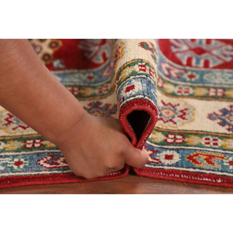 Geometric Red Kazak Area Rug Handmade Oriental Wool Carpet - 4'0" x 6'3"