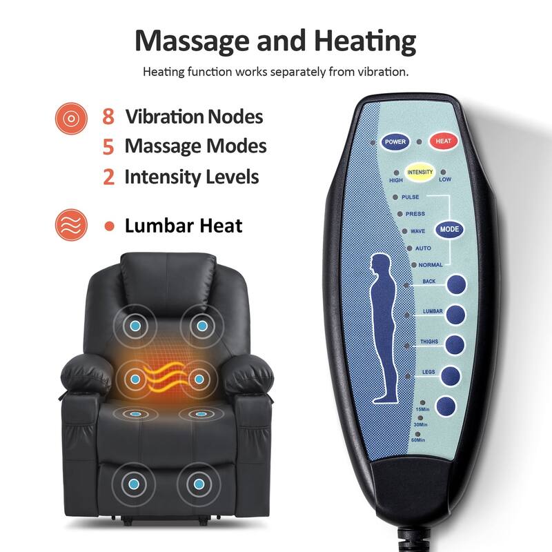 MCombo Electric Power Lift Recliner Chair Sofa with Massage and Heat, 3 Positions, USB Ports, Faux Leather 7040