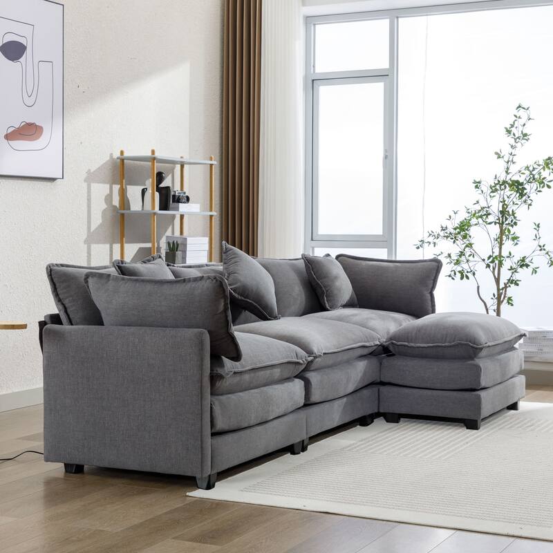 Grey 112.2" Modern L-Shaped 4 Seater Sectional Sofa with Removable Ottoman, 5 Plush Pillows, and Sturdy Frame
