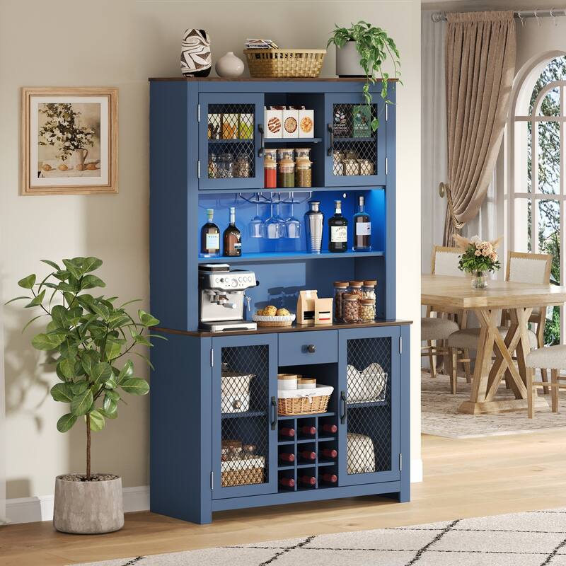 Kitchen Pantry Cabinet with LED Light, Built-in Power & USB Outlets, Kitchen Hutch Cabinet with Doors, Wine Rack & Shelves