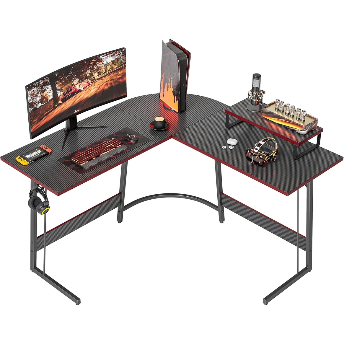 L Shaped Gaming Desk with Carbon Fiber Surface, 47 inch Corner Desk with Monitor Stand, Black