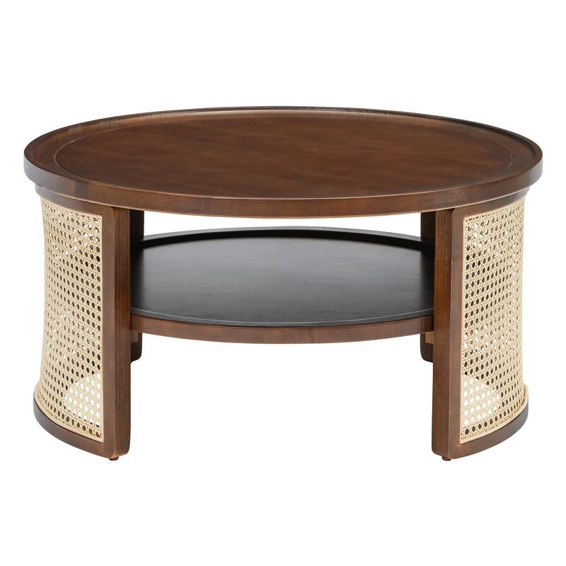 2-Tiered Round Coffee Table with Curved-Edge Top & Rattan Base, Boho Wood Center Table with Storage Shelf for Living Room