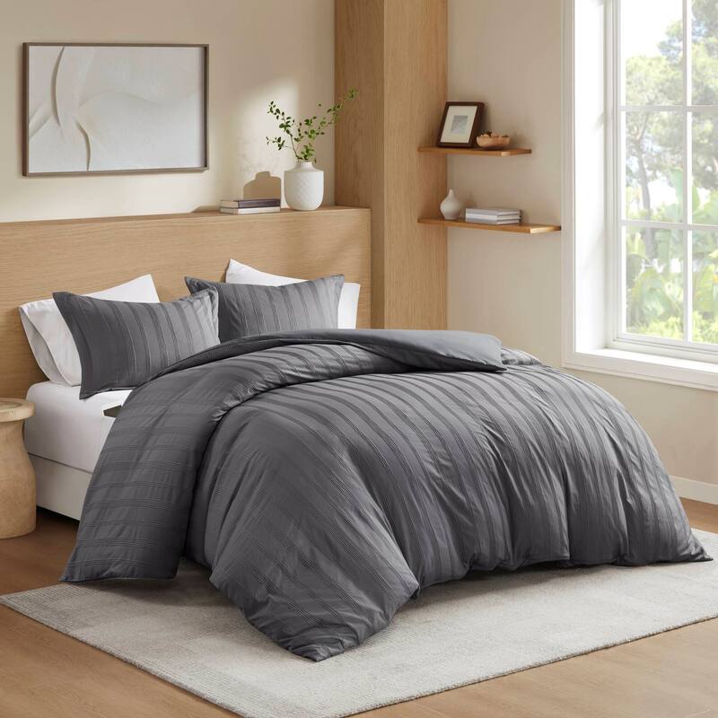 Chelsea Square Logan Woven Striped Duvet Set - Charcoal - California King
