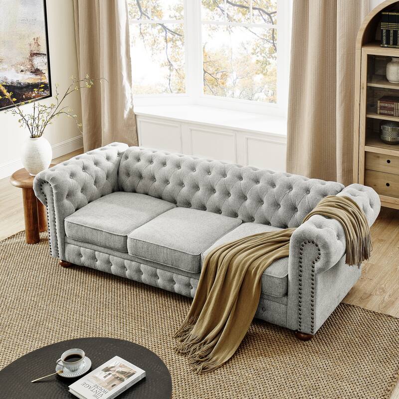 88.5" Chesterfield Sofa - Tufted PU 3-Seater with Scrolled Arms & Nailhead Trim (37"x28")
