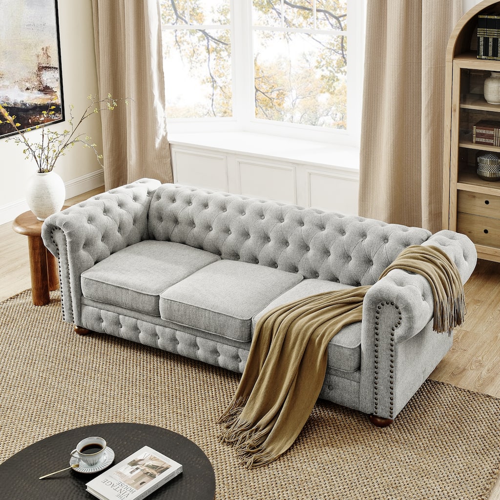 Linen Upholstered Chesterfield Sofa, Tufted 3 Seater Sofa with Nailhead Trim & Scrolled Arms, Low Back Sofa with Solid Wood Legs