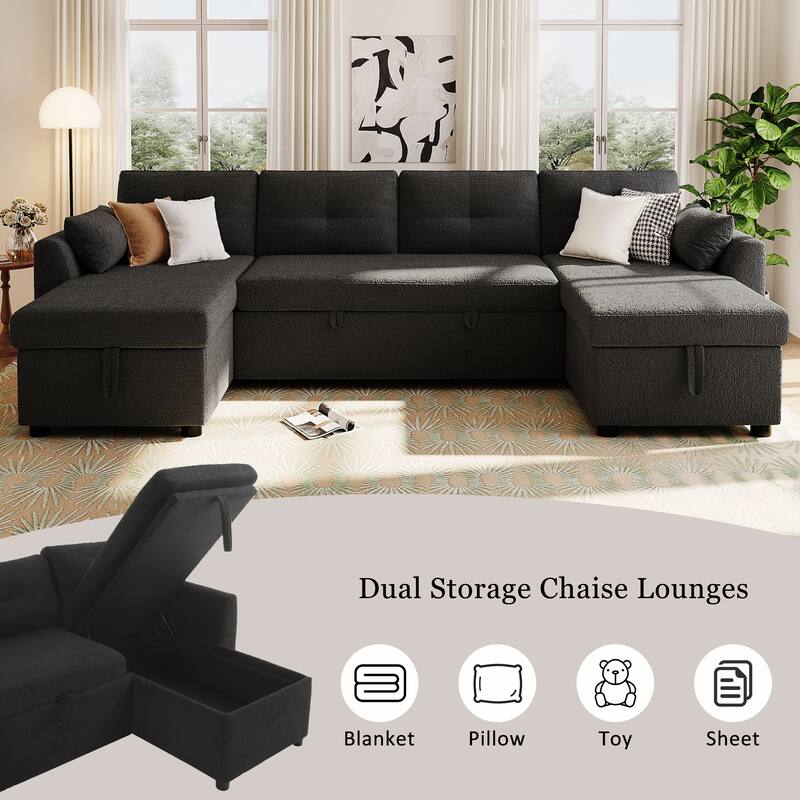 107" U-Shaped Sleeper Sectional Sofa with Storage & USB Ports - Modern Convertible Sofa Bed for Living Room
