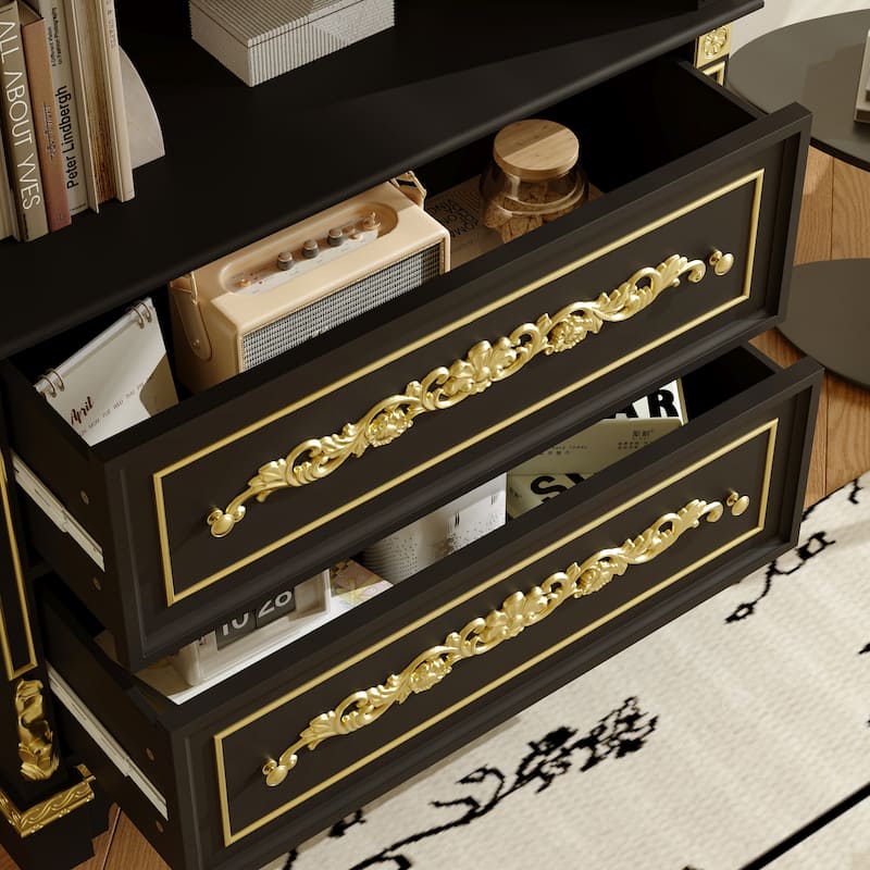 Black & Gold Display Cabinet with Shelves and Drawers, Elegant Glossy Bookcase for Living Room Storage