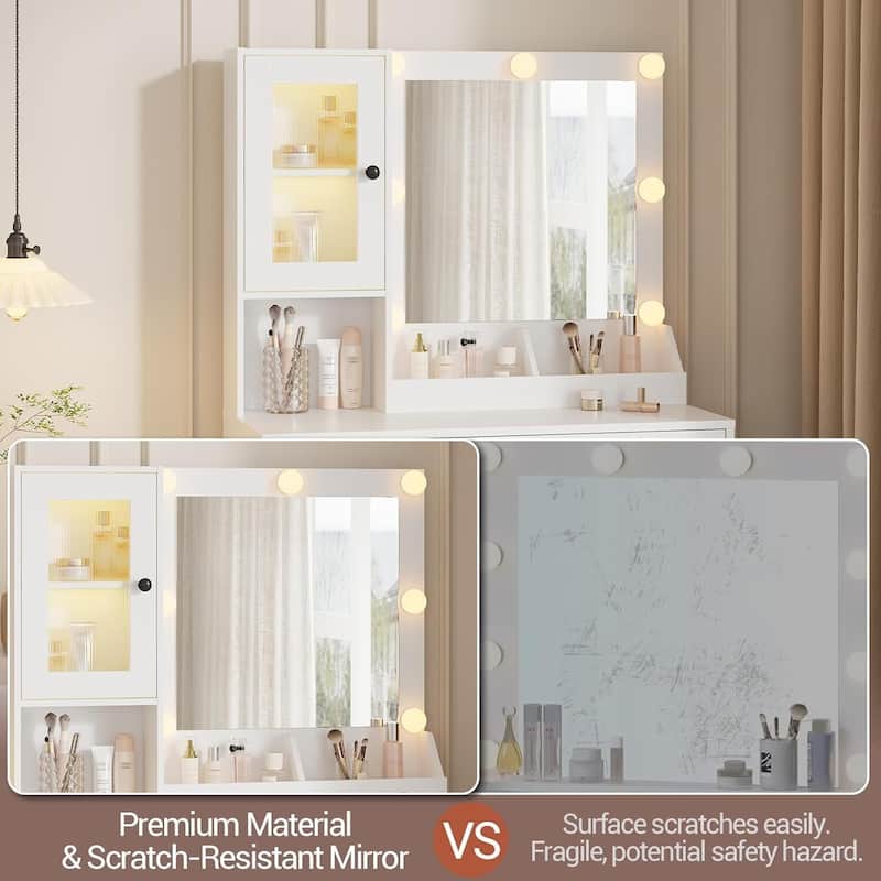 Vanity Desk, Makeup Dressing Table with LED Lights, Mirror, Built-in Outlets & USB Ports