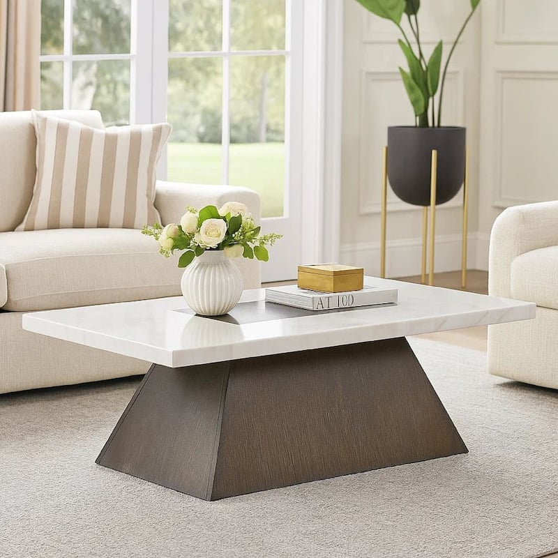 Asten Coffee Table, 48 Inch White Marble, Walnut Brown Pedestal Base