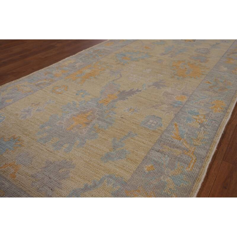 Oushak Vegetable Dye Runner Rug Hand-Knotted Wool Carpet - 3'1"x 11'6"