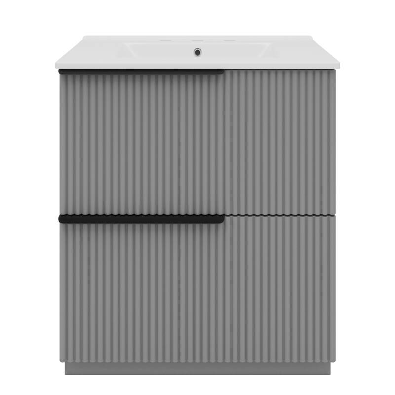 Vertical Grooves Bathroom Cabinet Storage Vanity with Ceramic Sink, Full-Extension Split Drawers and Soft Close Drawer Slides