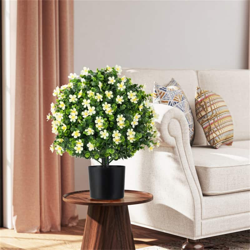 Set of 2 Artificial Boxwood Topiary Ball Trees with Purple and White Flowers Sun-Proof Cement Pot Low Maintenance - 6" x 21.5"